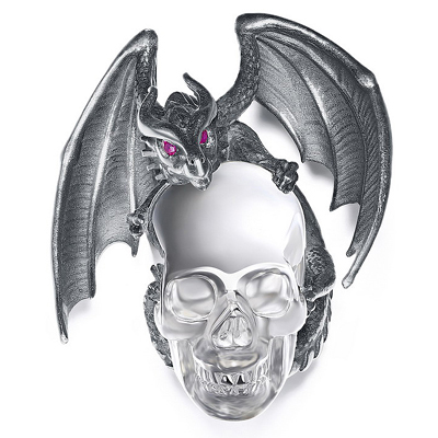 Necklace of Quartz Rock Crystal Skull & 925 Sterling Silver Dragon with Ruby Eyes Pendant and 925 Sterling Silver Chain